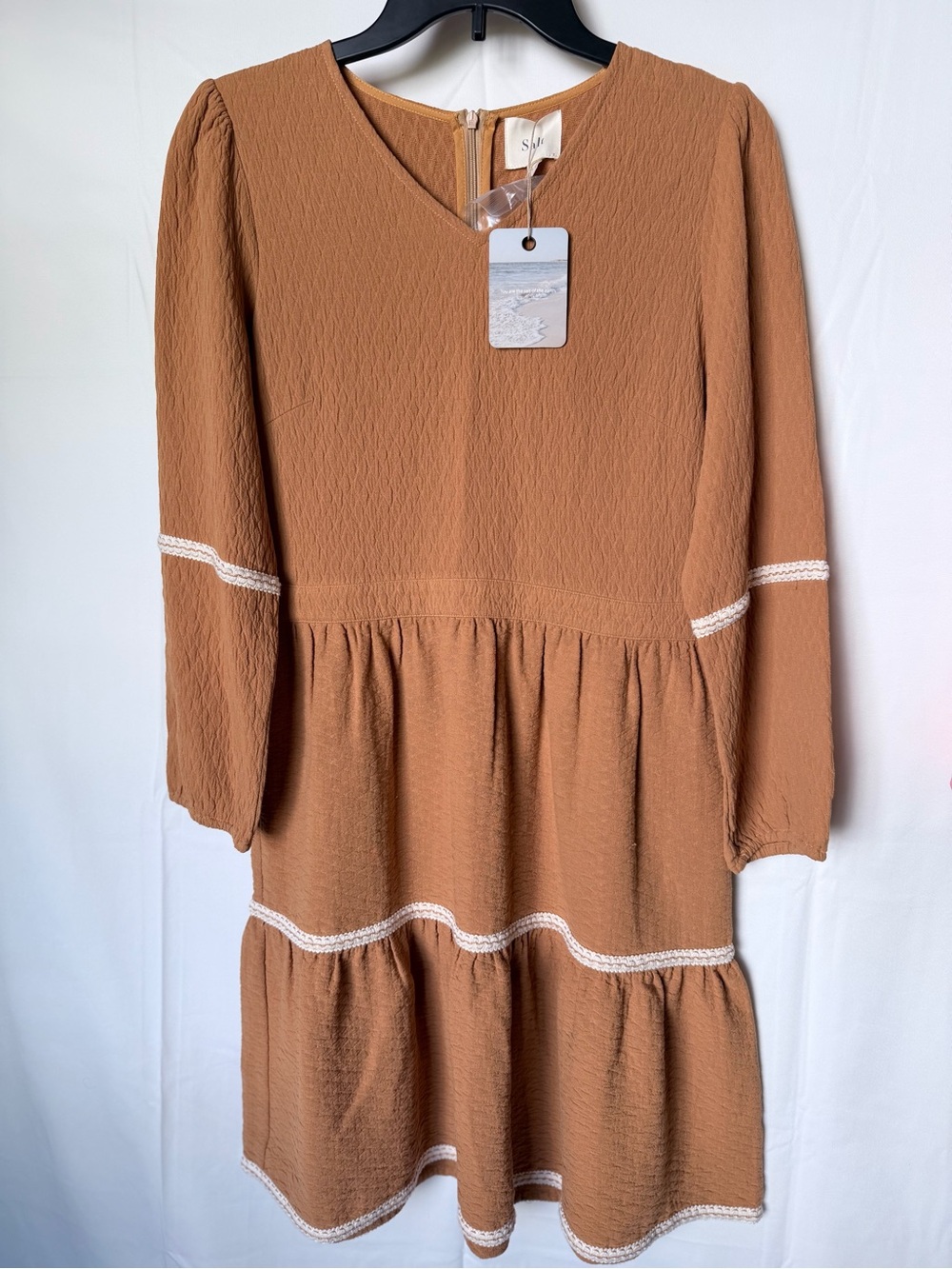 Others Follow Camel Tiered Long-Sleeve V-Neck Dress